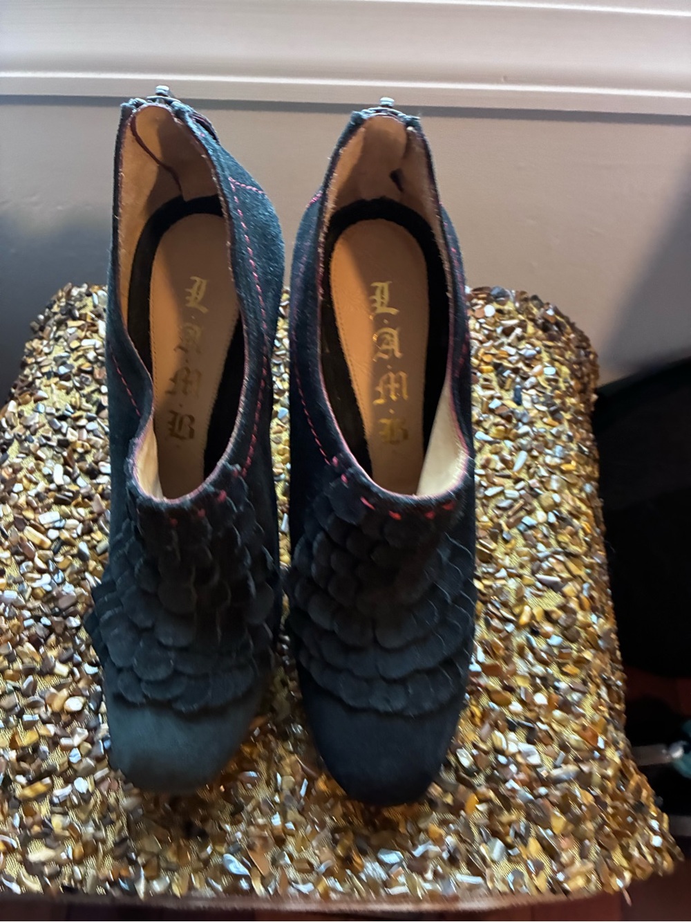 L.A.M.B. Black Suede Floral Petal Heeled Booties